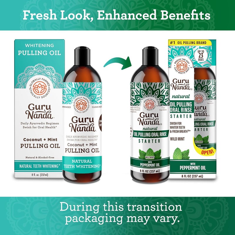 GuruNanda Starter Pulling Oil Mouthwash for Natural Teeth Whitening, Coconut and Peppermint Oil for Fresh Breath & Happy Gums, with Toothbrush & Tongue Scraper, Alcohol-Free, 8 Oz - Image 2